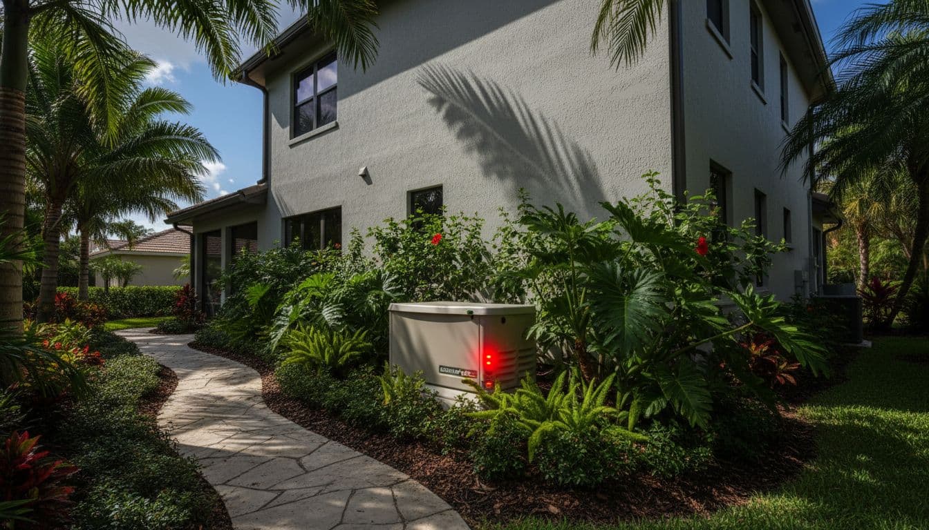 A metal generator sits beside a modern Florida residence, carefully hidden by manicured tropical shrubs and palm foliage. Glowing red status lights contrast against the greenery in the lush backyard landscape.