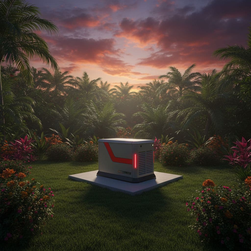 A compact standby generator sits on a concrete pad in a lush Florida backyard.
