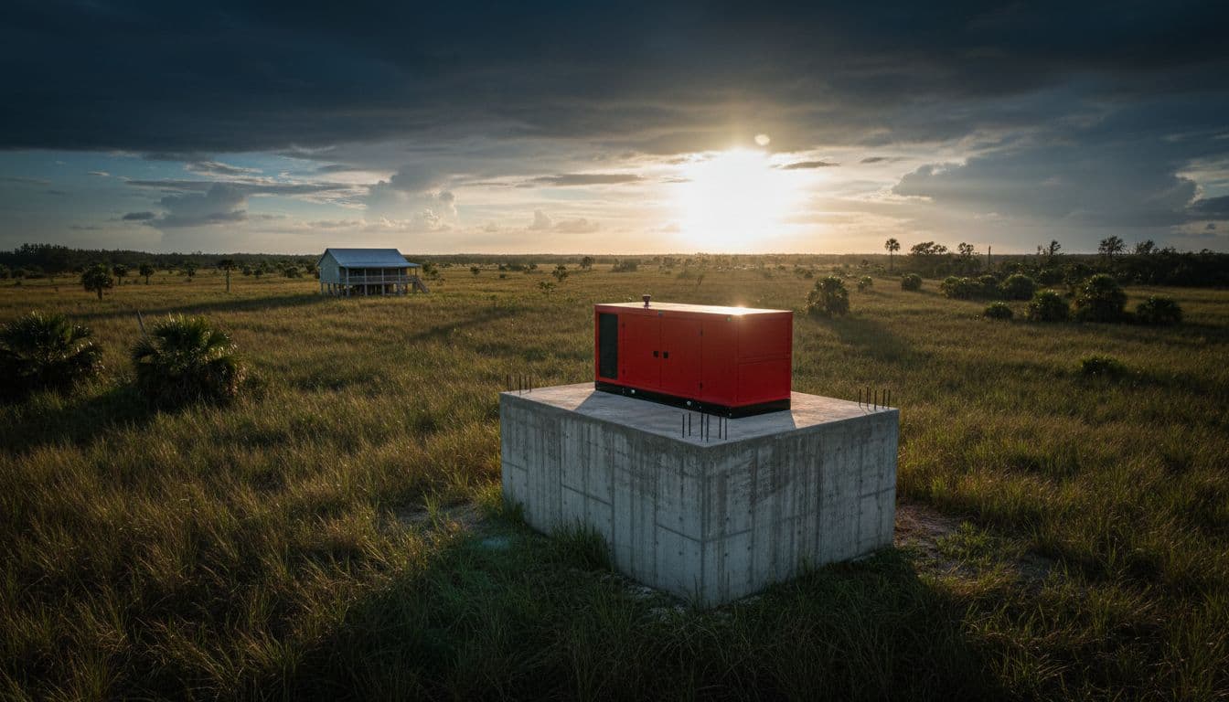 A red industrial generator sits on an elevated concrete platform in a flat, grassy landscape.