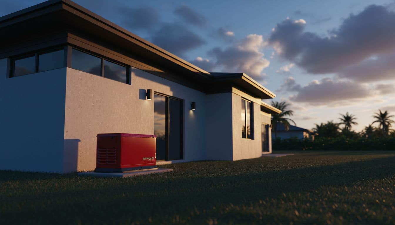 A residential Florida home exterior displays a standby generator installed at a safe distance from windows.