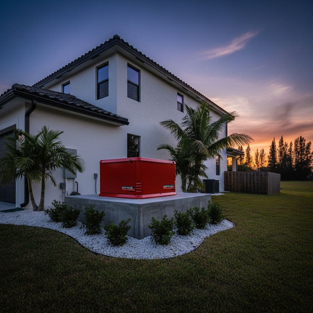 A red standby generator sits on a concrete pad beside a modern Florida home.