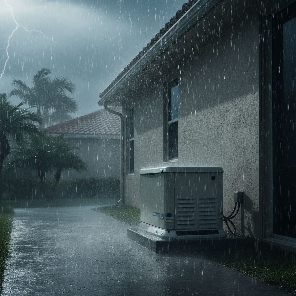 Whole House Generators A whole house standby generator sits on a concrete pad beside a home during heavy rain.