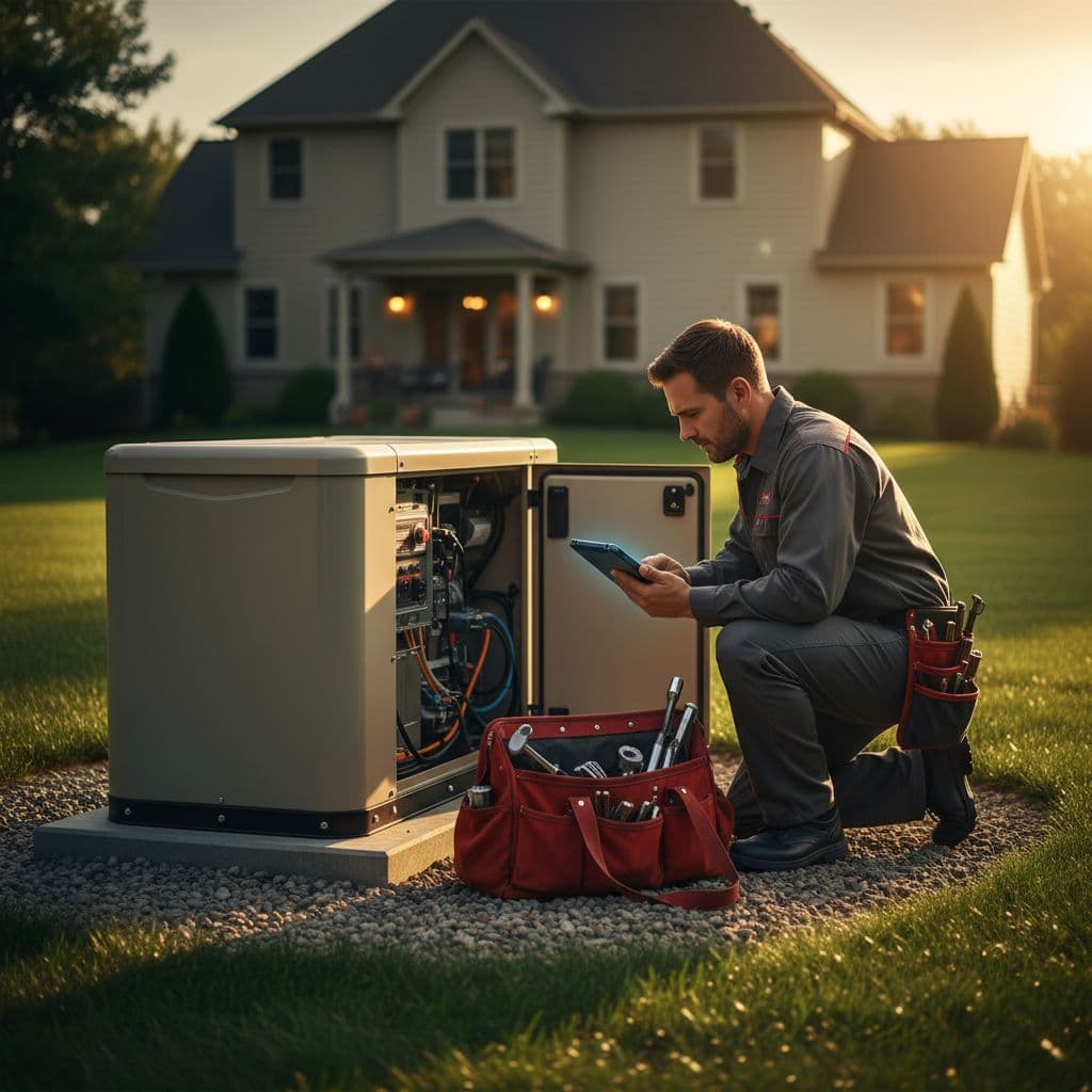 A technician wearing a uniform inspects a metal backup generator in a residential backyard.