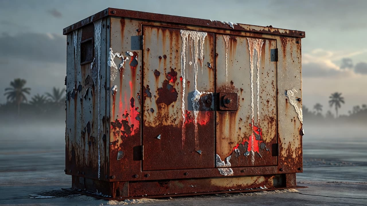 A close-up view of a metal utility box surface displaying heavy oxidation and rust flakes. The harsh coastal environment creates deep textures and a reddish patina under dramatic, high-contrast lighting.