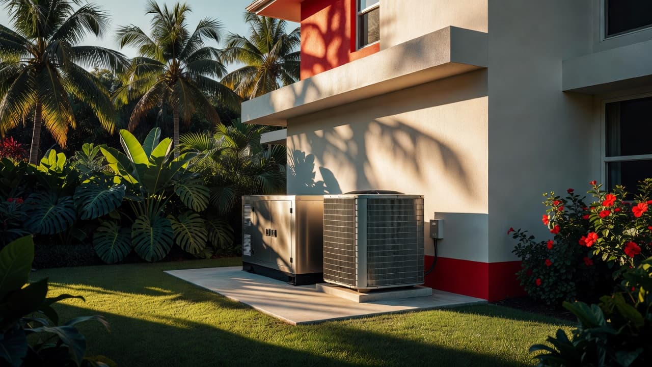 Whole house generator central air setup beside a Florida home