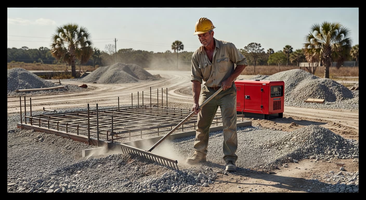 A construction worker levels gravel inside a steel rebar frame to prepare for a concrete pad installation. A vibrant red shovel stands prominently against the sun-drenched, sandy Florida job site.