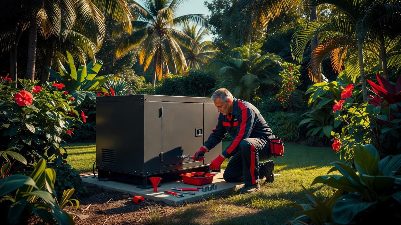 Whole house generator oil change in a Florida backyard during routine maintenance by a red-uniformed technician.