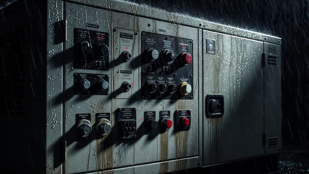 Raindrops streak across the dark, metallic surface of a generator control panel during a heavy storm. Stark shadows highlight the red toggles and silver switches amidst a moody, high-contrast outdoor scene.