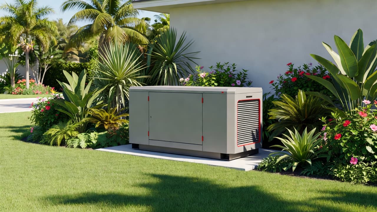 A sleek, metallic standby generator sits on a concrete pad within a lush, sun-drenched Florida garden. Tropical foliage surrounds the unit, which features subtle red accent details and high-contrast lighting.