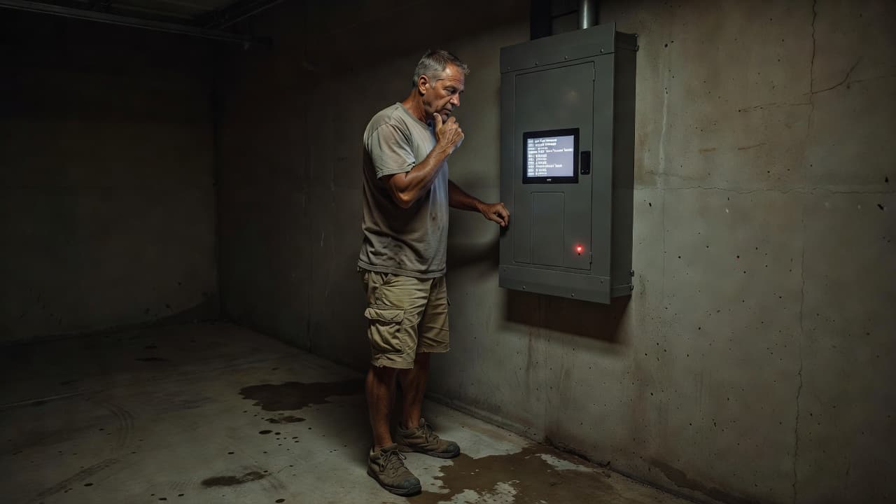 A man stands in a dimly lit Florida garage inspecting a wall-mounted generator display. The panel emits a soft glow, illuminating his face as he examines a glowing red indicator light.