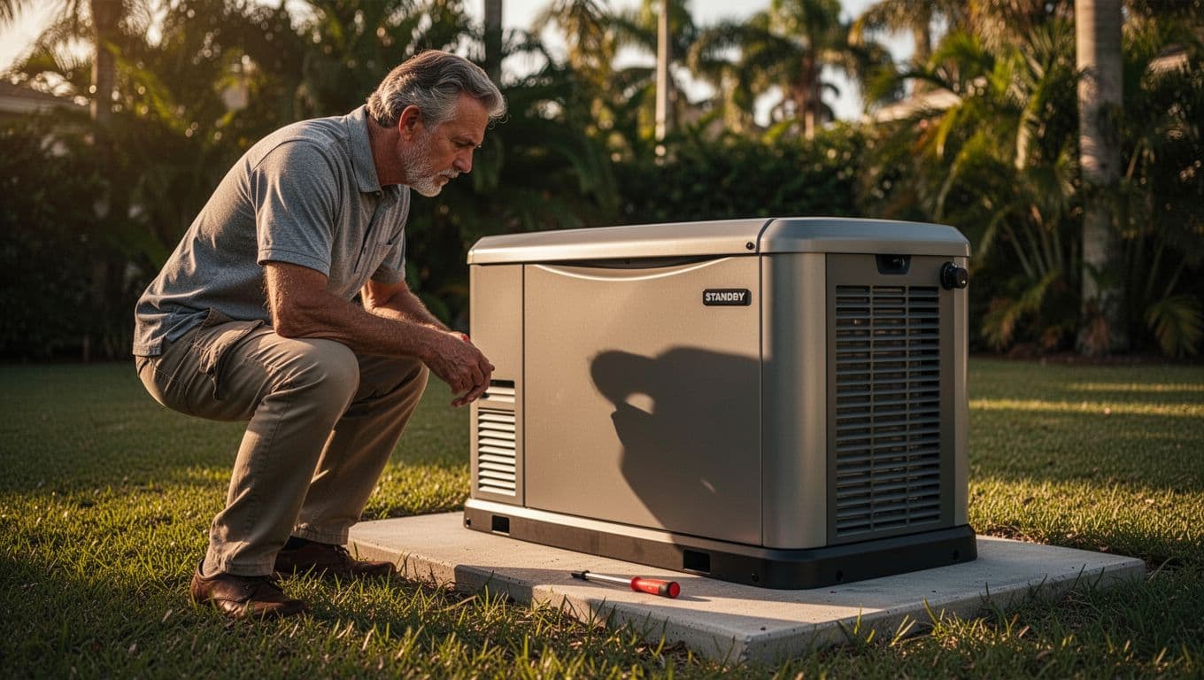 A homeowner crouches near a sleek metal generator unit atop a clean concrete pad during sunset. A small red-handled screwdriver rests nearby, catching the warm golden light in the backyard.