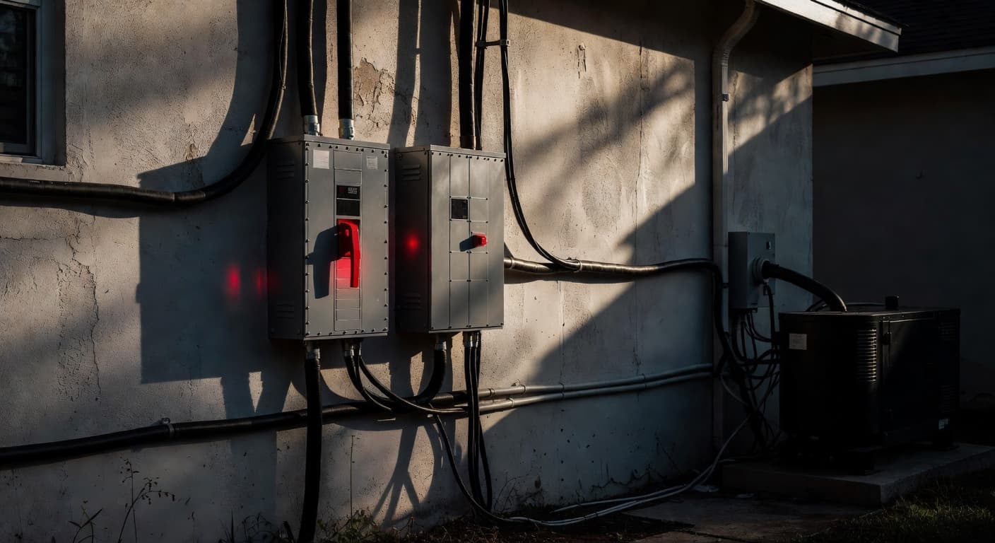 A rugged automatic transfer switch is bolted to an exterior home wall beside a grey electrical panel. Dramatic lighting illuminates the metal housing, highlighting the bold red accent color on details.