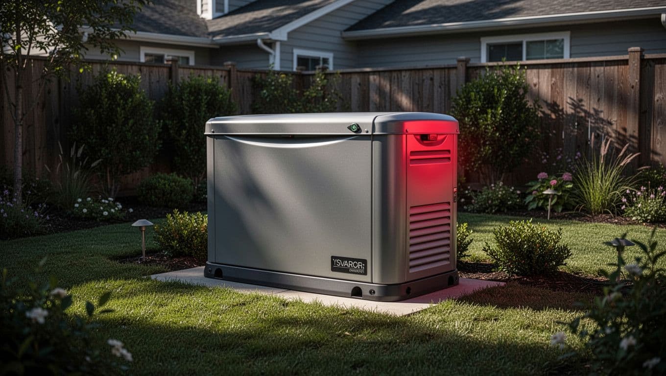 A modern standby generator with red accents sits on a concrete pad within a manicured green backyard. Deep shadows contrast against the structure while lush hedges frame the quiet residential exterior.