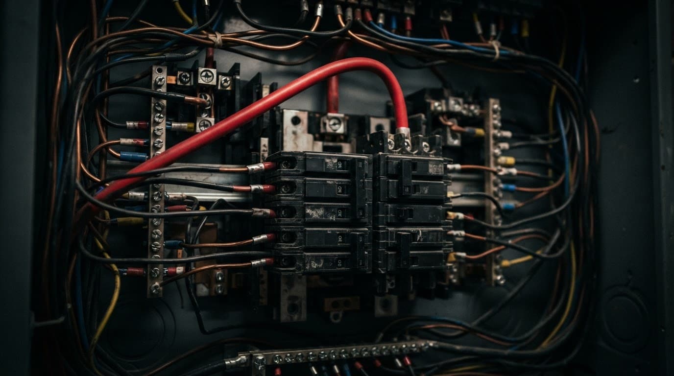 Generator runs no power: close-up of internal generator switches and wiring inside an electrical breaker panel.