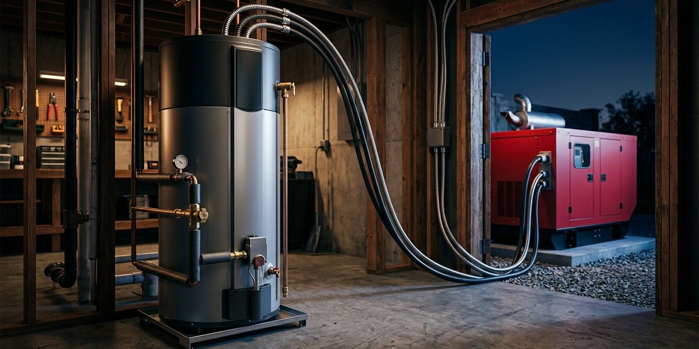 An electric water heater connected to a red standby generator visible through a doorway.