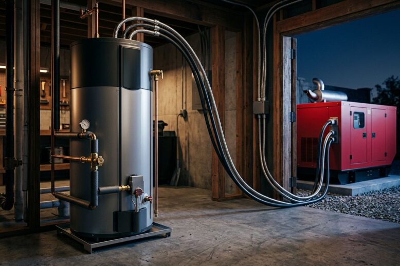 An electric water heater connected to a red standby generator visible through a doorway.