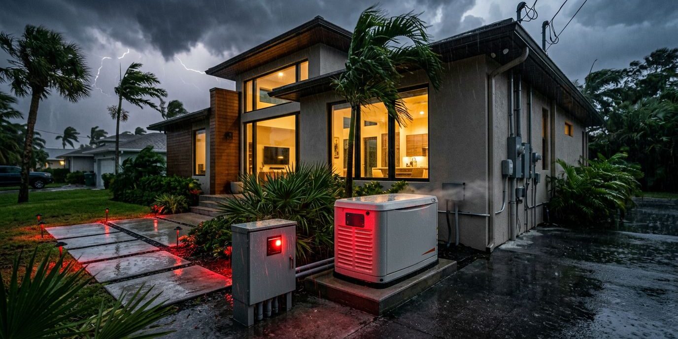 A standby generator and septic control panel outside a home during a storm.