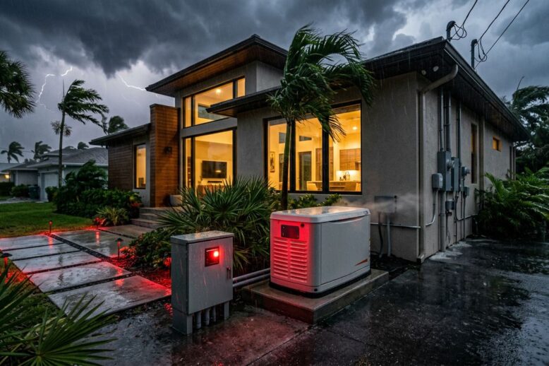 A standby generator and septic control panel outside a home during a storm.
