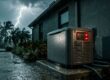 A home generator beside a house during heavy rain and lightning.