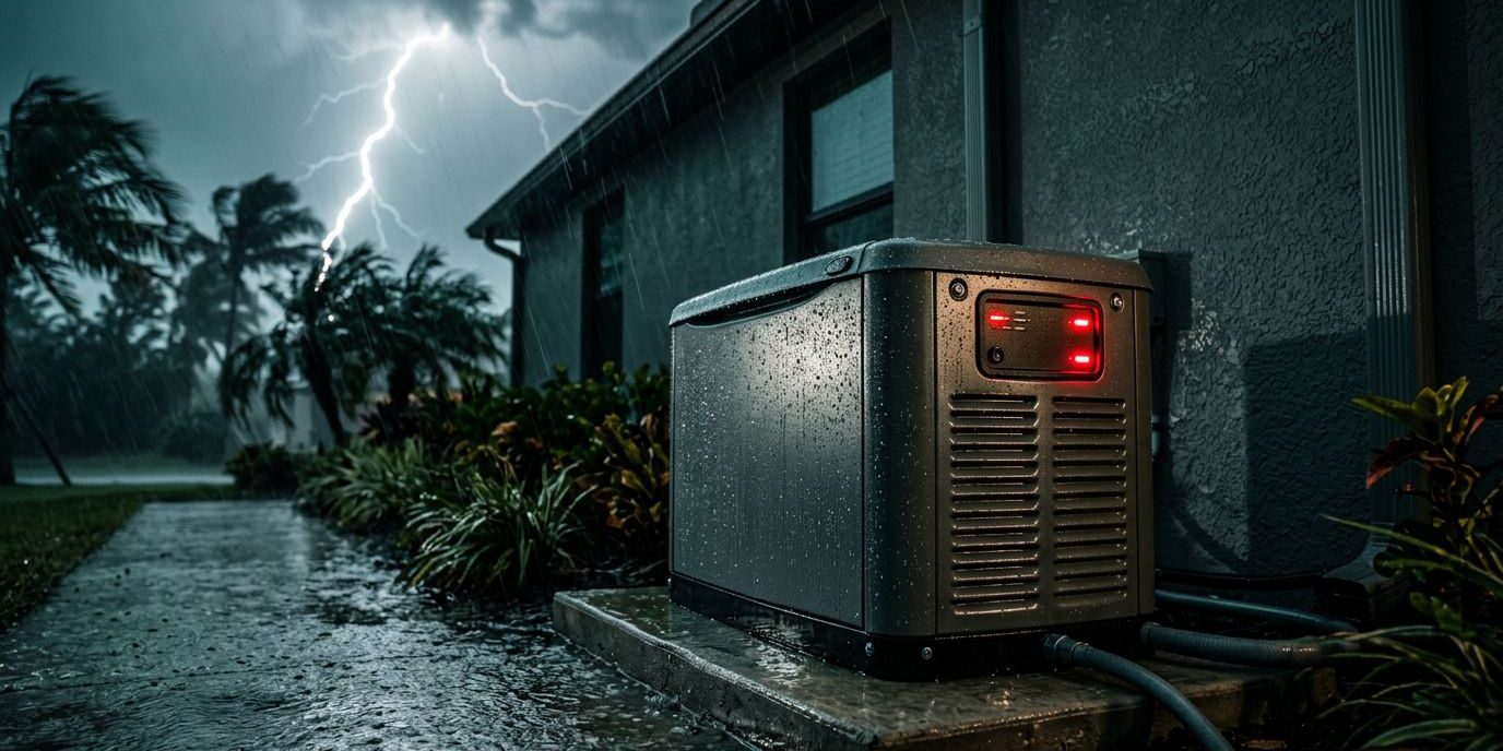Storm-Damaged Home Generator A home generator beside a house during heavy rain and lightning.