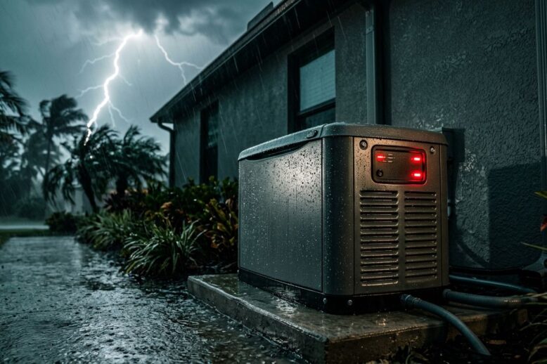 A home generator beside a house during heavy rain and lightning.