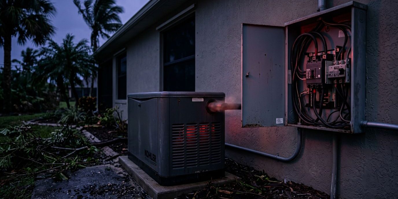 Residential Standby Generator At Dusk A residential standby generator runs beside a dark house with an open electrical panel showing a tripped breaker.