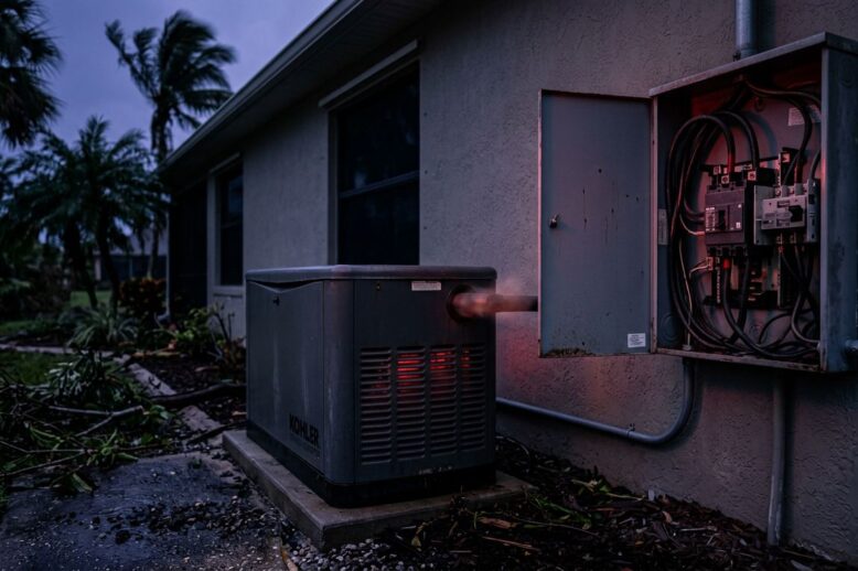 A residential standby generator runs beside a dark house with an open electrical panel showing a tripped breaker.