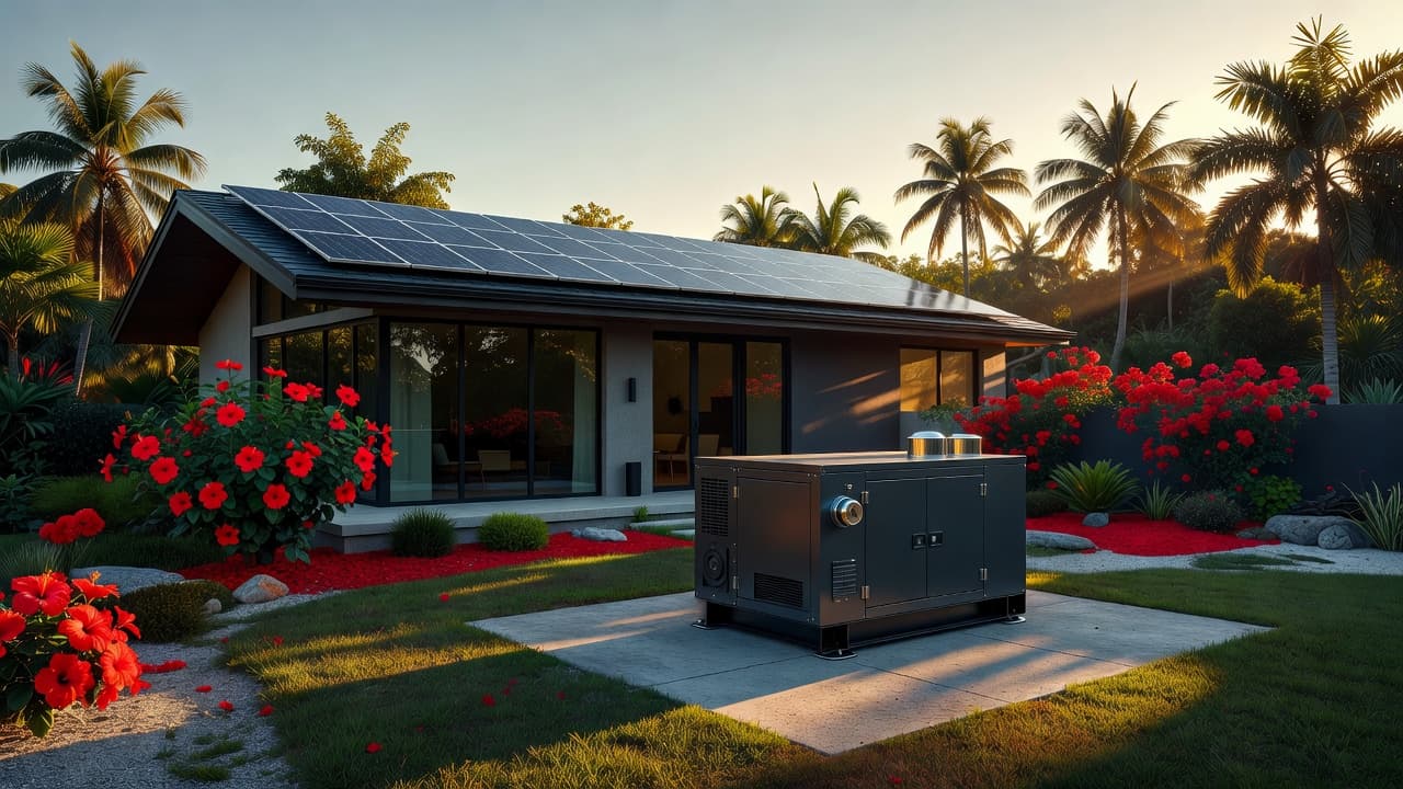 Solar panels whole-house generator system at a Southwest Florida home with rooftop panels and a standby generator on a concrete pad.