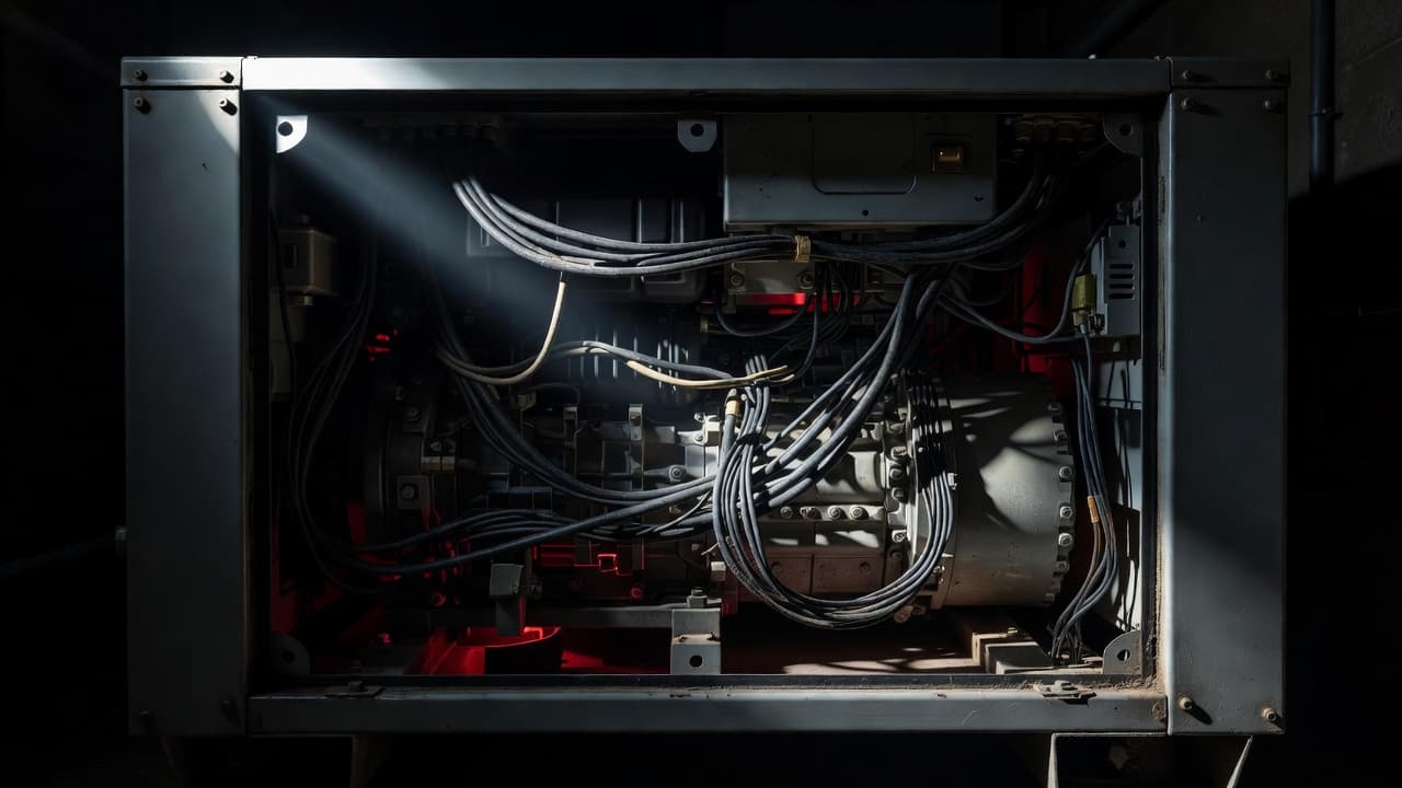 The metallic interior of an industrial standby generator features heavy-gauge electrical wiring and metallic casings. Subtle red accent lighting draws attention to gaps where small rodents could potentially enter the unit.
