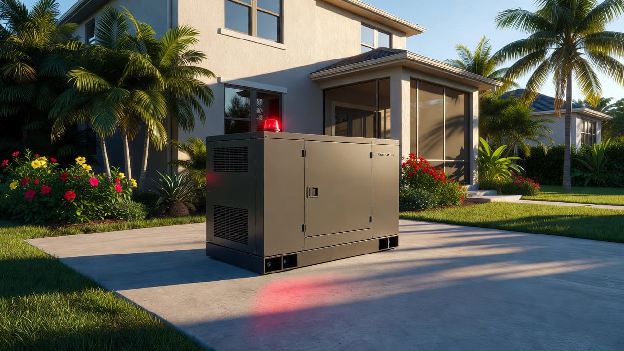 A professional standby generator unit sits securely on a concrete slab beside a tropical residential exterior. Bright afternoon sunlight highlights the metallic casing and a small, saturated red indicator light.