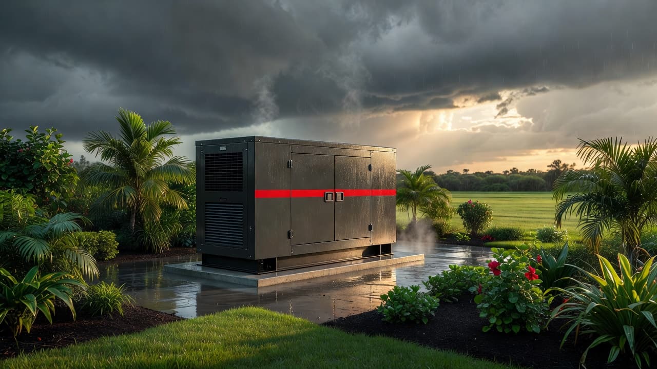 What happens when power returns after outage: a standby generator in a Florida backyard after a storm
