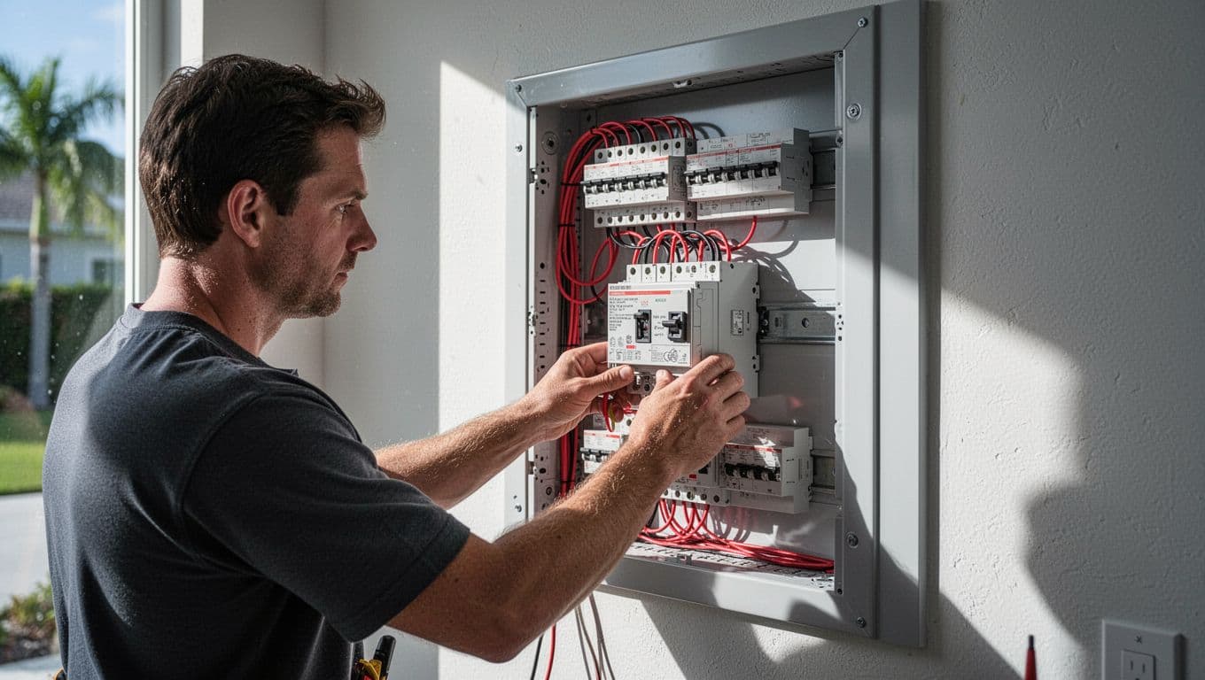 A professional electrician carefully installs a new transfer switch into a residential electrical panel. The scene features dramatic lighting, high-contrast textures, and vibrant red accents against the metallic circuit breaker components.