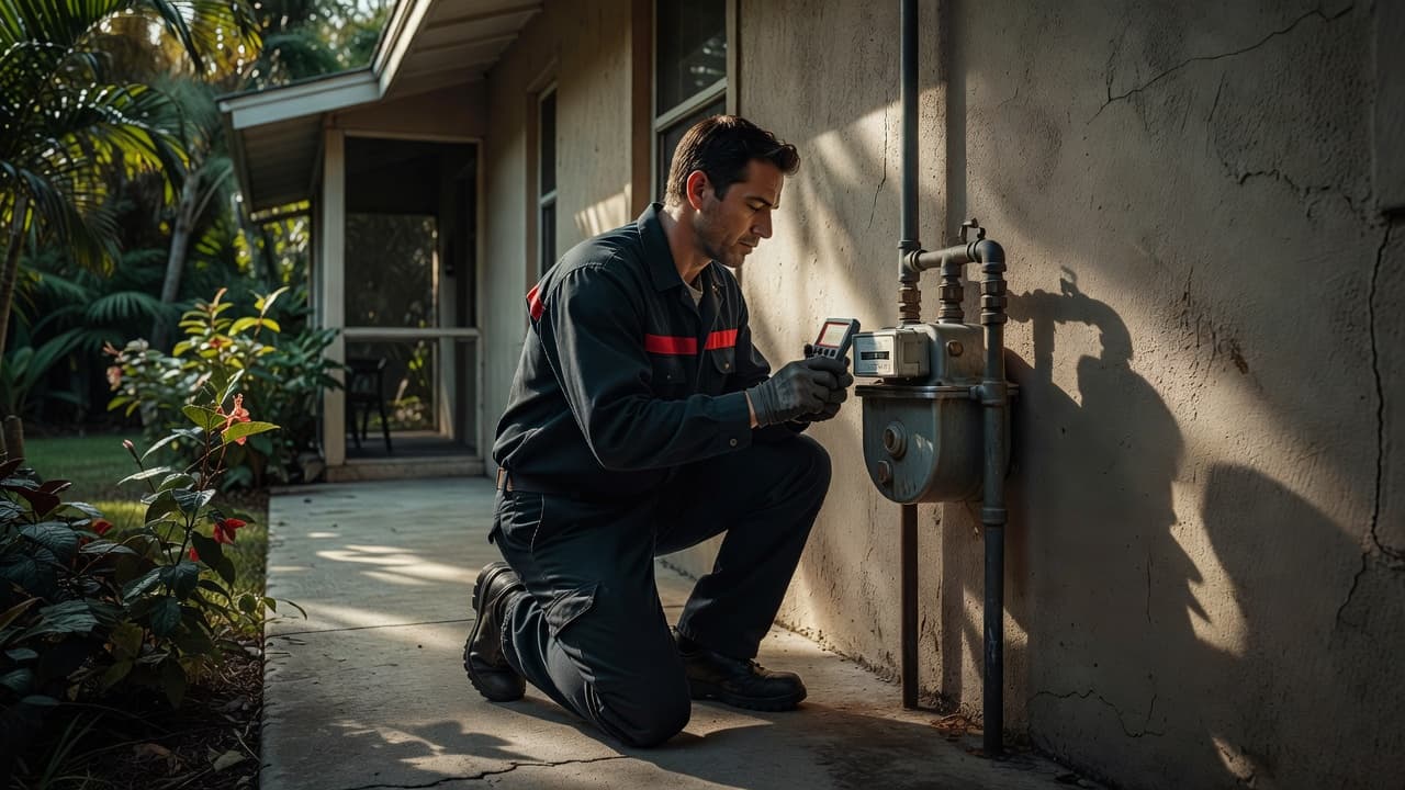 A technician wearing a bright red shirt examines a gas meter attached to the stucco wall of a Florida residence. Dramatic afternoon sunlight casts deep shadows against the exterior home siding.