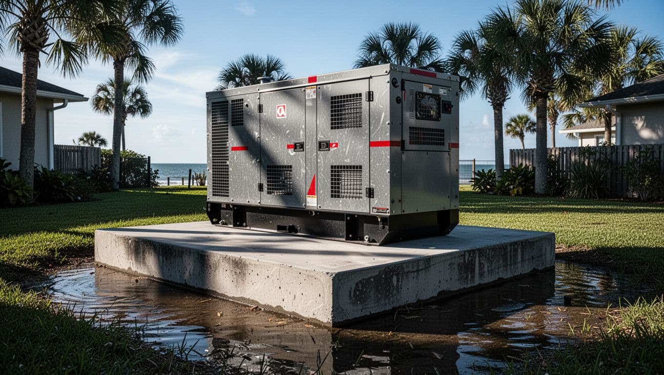 A robust metal standby generator sits securely atop a thick, reinforced concrete pedestal in a Florida backyard. Red safety labels contrast against the gray housing as shadows emphasize its elevated position.