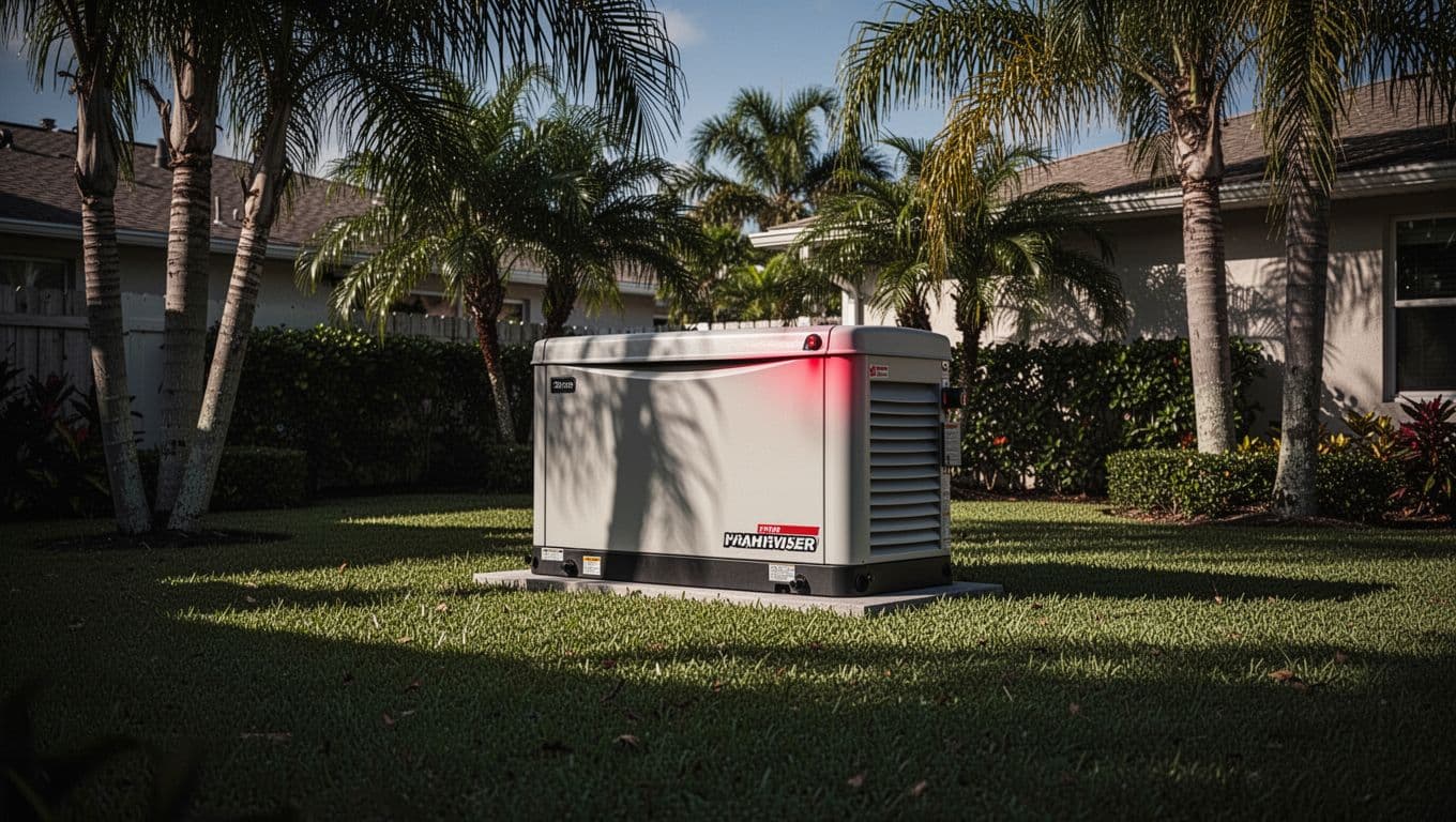 A sleek metal generator stands on a concrete slab in a manicured Florida backyard. Lush tropical landscaping frames the equipment, while a vibrant red warning label provides a sharp color contrast.