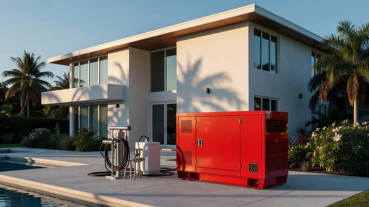 A standby generator installed next to a modern home near pool equipment, showing a whole-house generator pool pump installation.