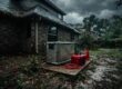 A standby generator outside a storm-damaged home under dark clouds.