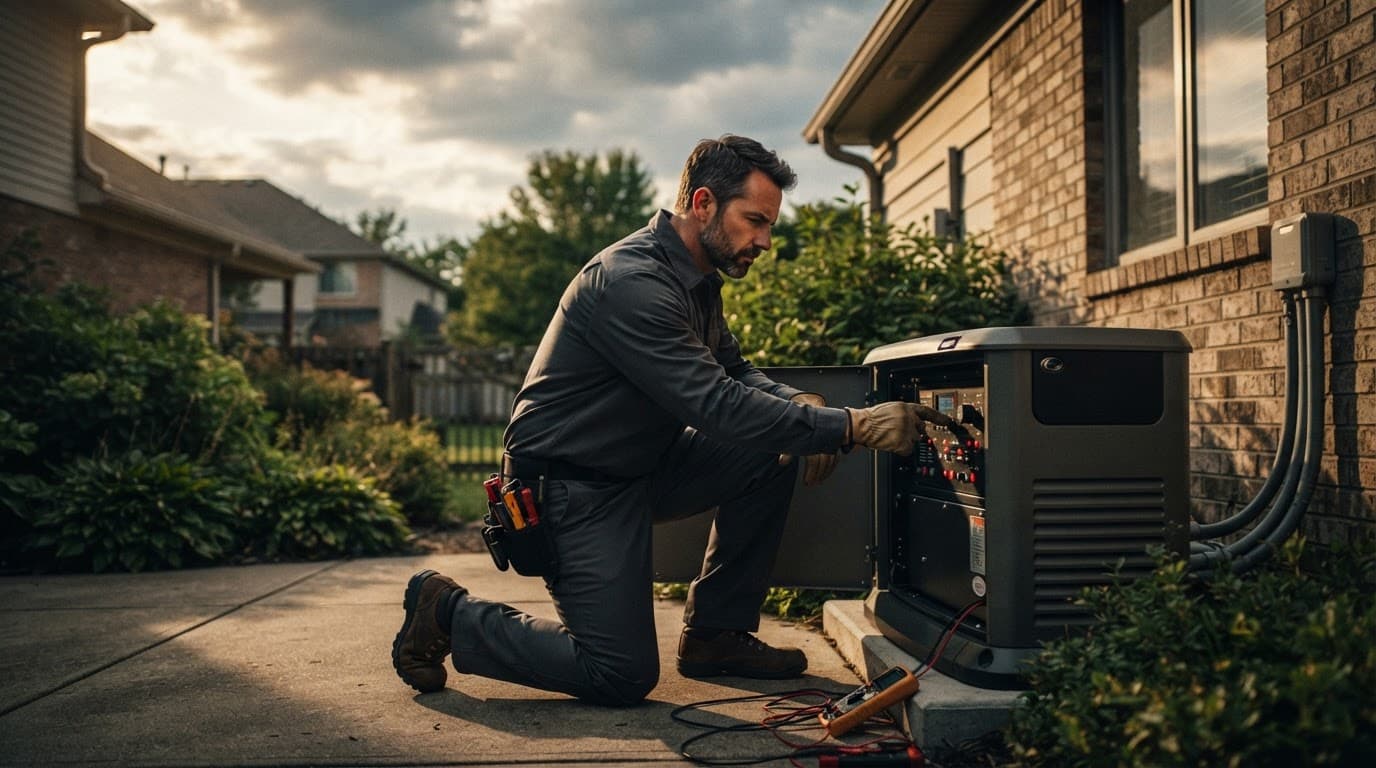 Generator runs no power: a technician inspects the control panel of an outdoor standby generator.