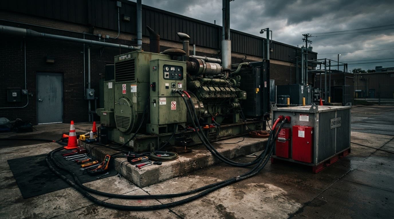A red commercial backup generator on a concrete pad during maintenance.