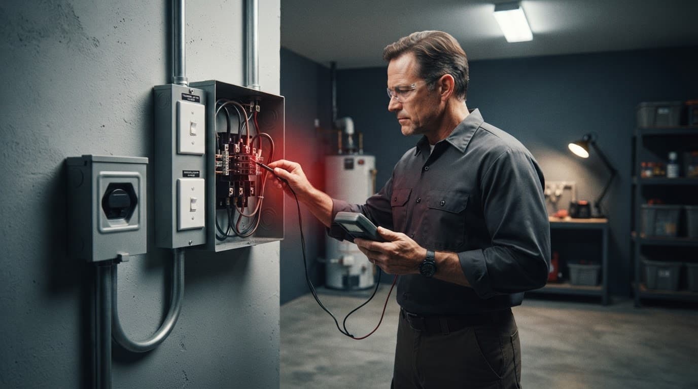 Electrician inspecting generator connections with a digital meter.