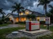A standby generator stands outside a Florida home beneath dark storm clouds.