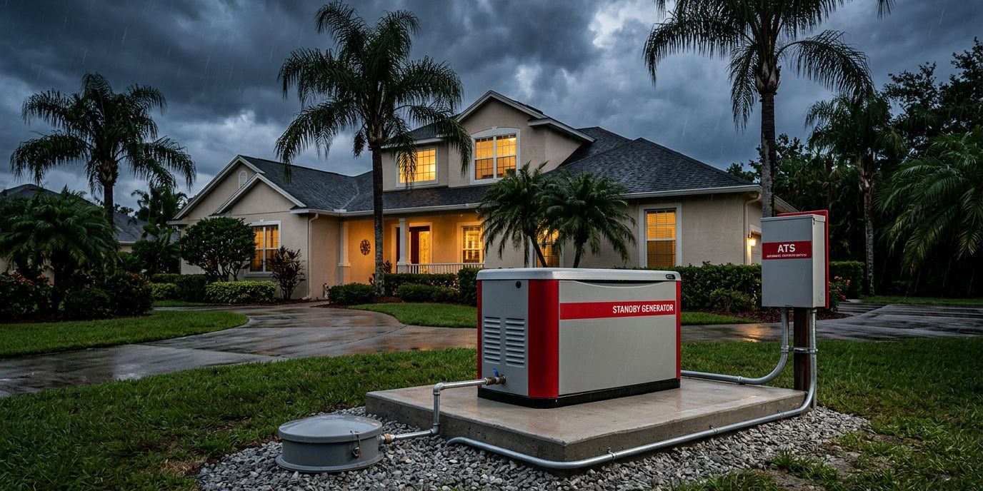 Florida Standby Generator A standby generator stands outside a Florida home beneath dark storm clouds.