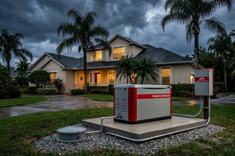 Florida Standby Generator A standby generator stands outside a Florida home beneath dark storm clouds.