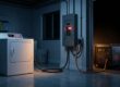 An electric dryer connected to a standby generator beside an electrical panel.