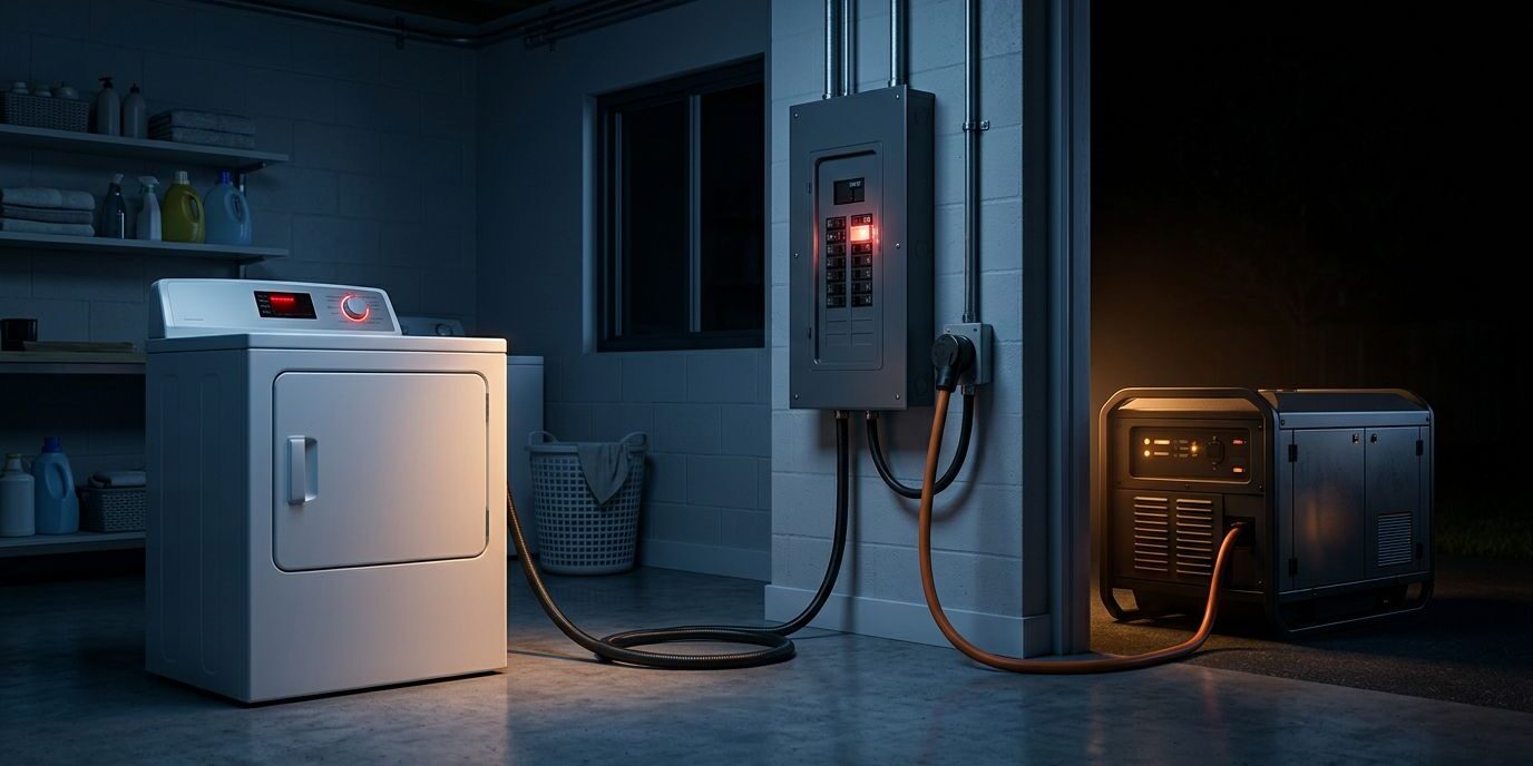 An electric dryer connected to a standby generator beside an electrical panel.