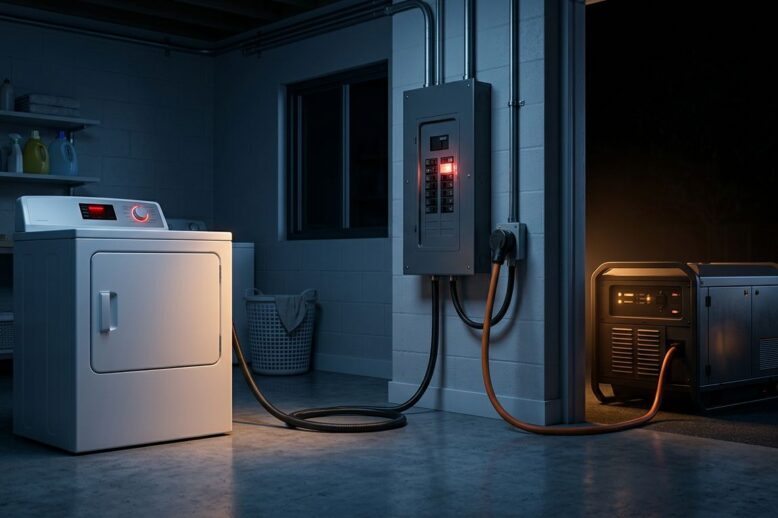 An electric dryer connected to a standby generator beside an electrical panel.