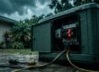 Portable generator with an open panel and tripped breaker during a rainstorm.