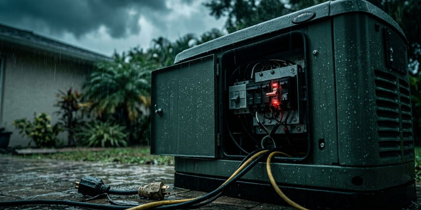Portable generator with an open panel and tripped breaker during a rainstorm.