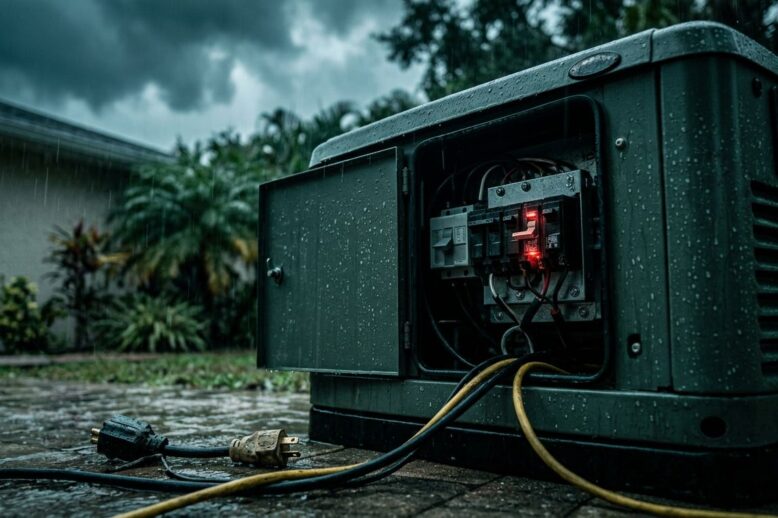 Portable generator with an open panel and tripped breaker during a rainstorm.