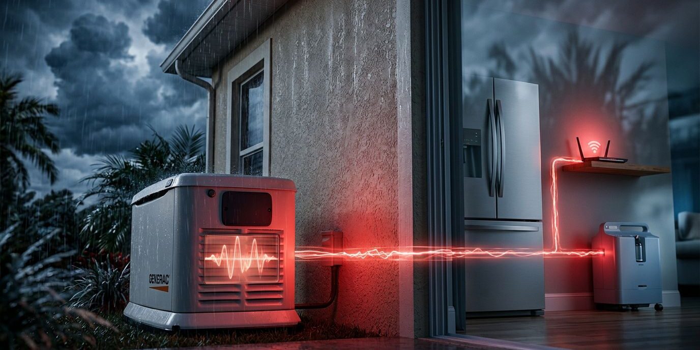 A home generator powers a refrigerator, router, and medical device during a storm.